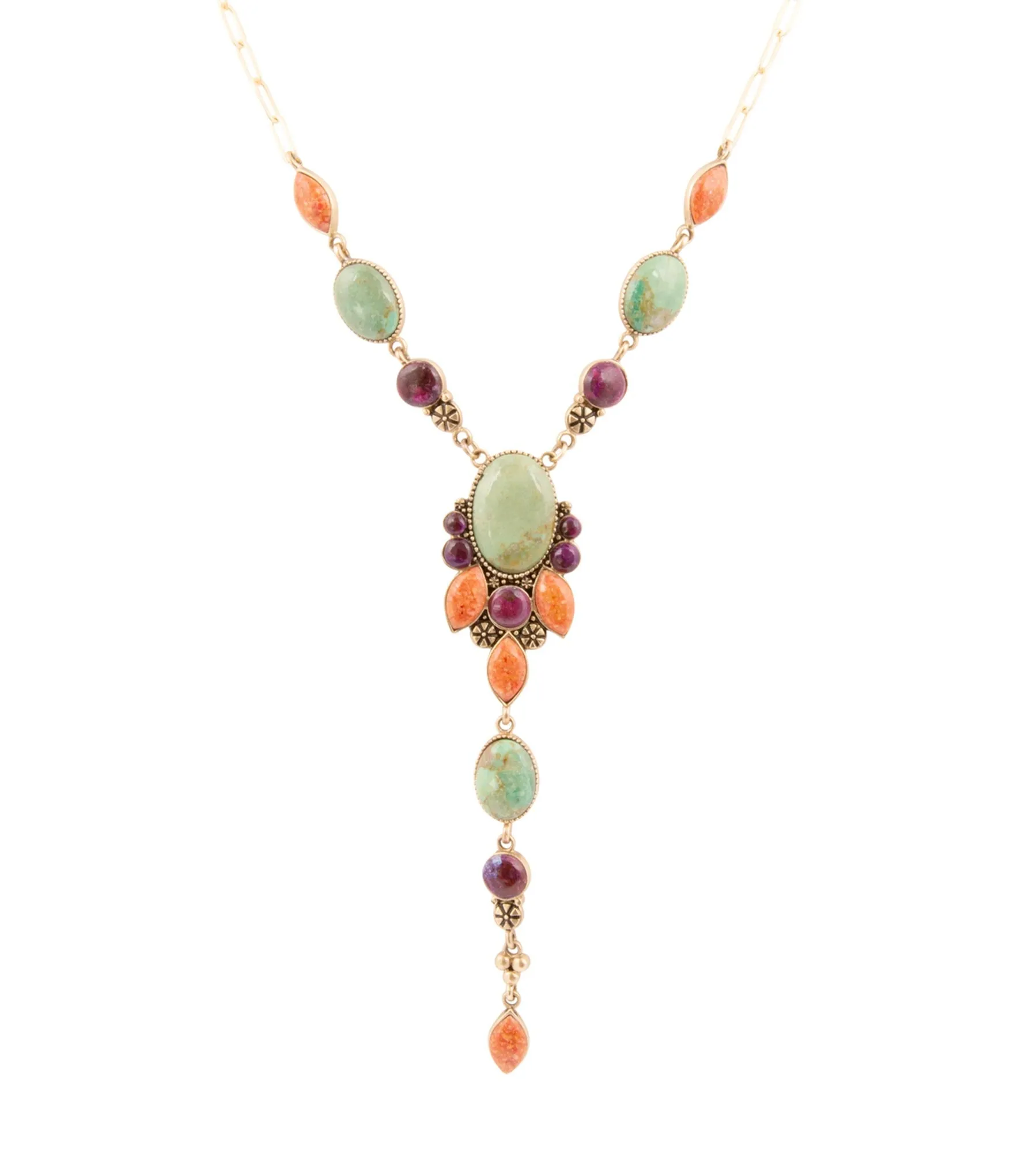 Regalia Blue Turquoise Purple and Orange Coral Golden Y Necklace sold by Barse