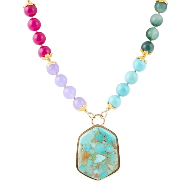 Kaleidoscope Multistone Blue Turquoise Pendant Golden Necklace sold by Barse