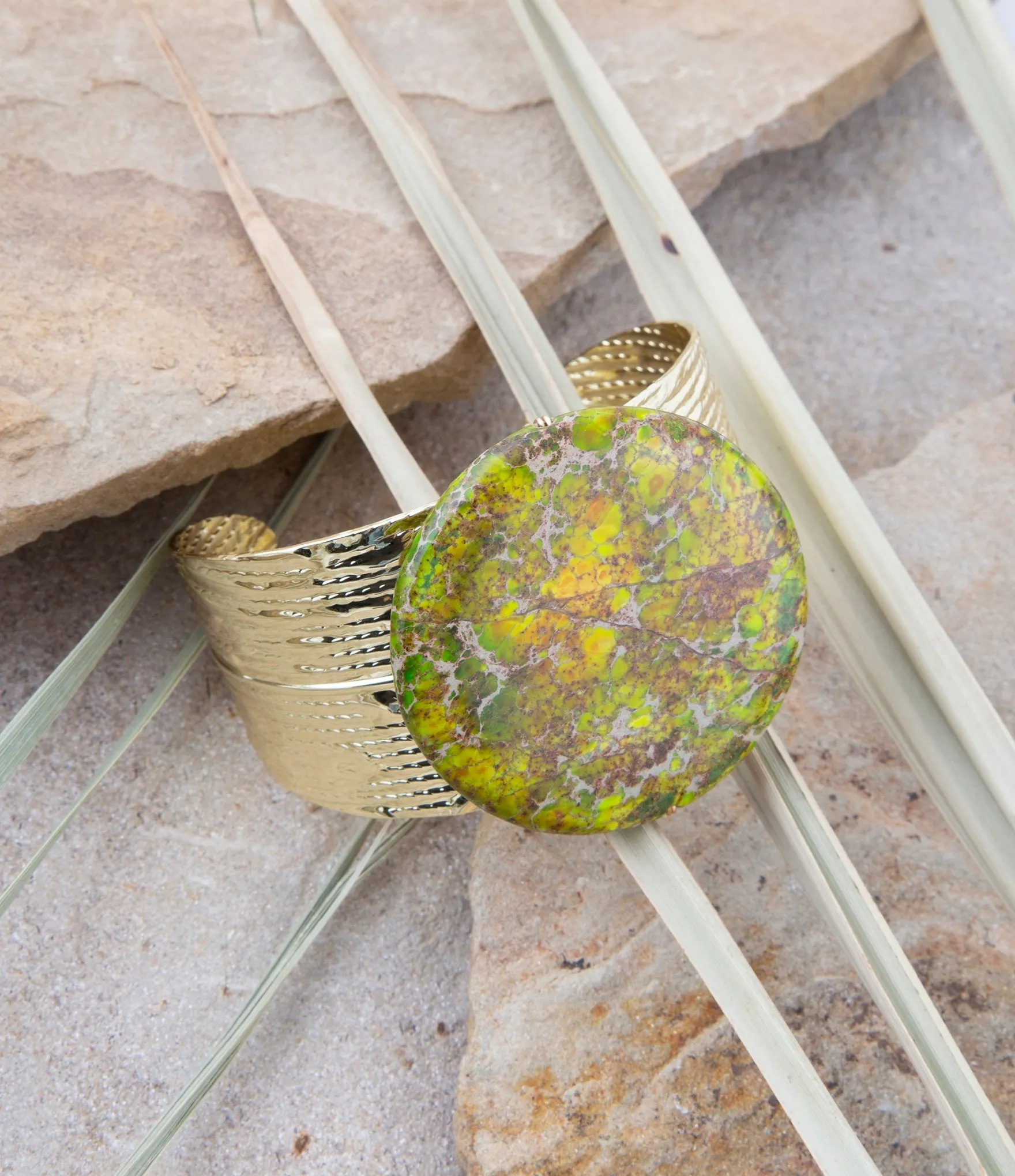 Lime Green Jasper Golden Statement Cuff Bracelet sold by Barse product image thumbnail 2