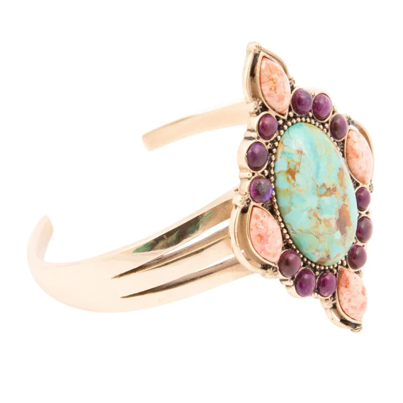 Regalia Blue Turquoise Purple and Orange Coral Golden Cuff Bracelet sold by Barse
