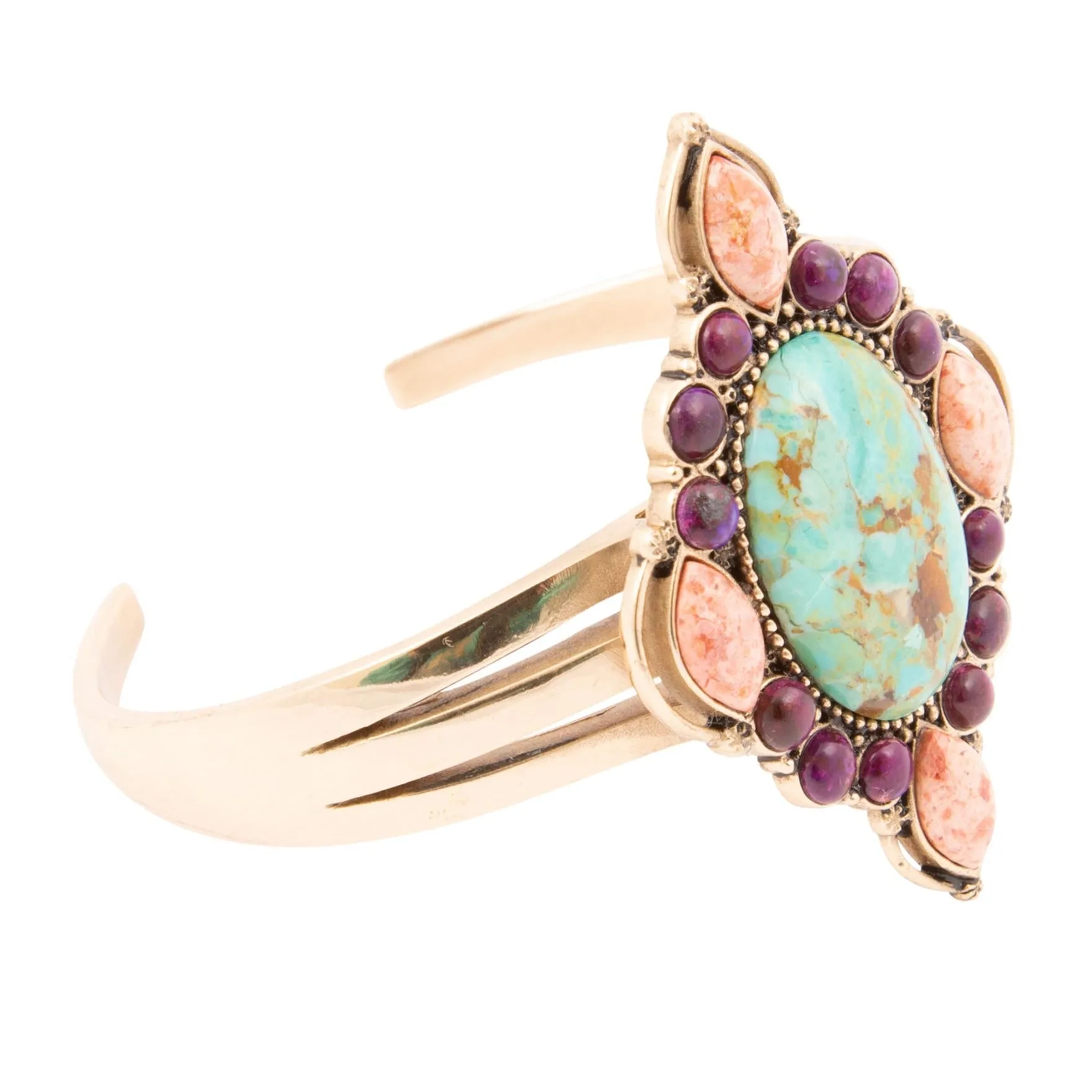 Regalia Blue Turquoise Purple and Orange Coral Golden Cuff Bracelet sold by Barse