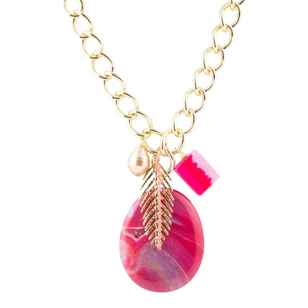 Peony Fuschsia Pink Agate Golden Charm Necklace sold by Barse
