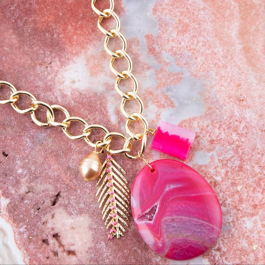Peony Fuschsia Pink Agate Golden Charm Necklace sold by Barse product image thumbnail 2