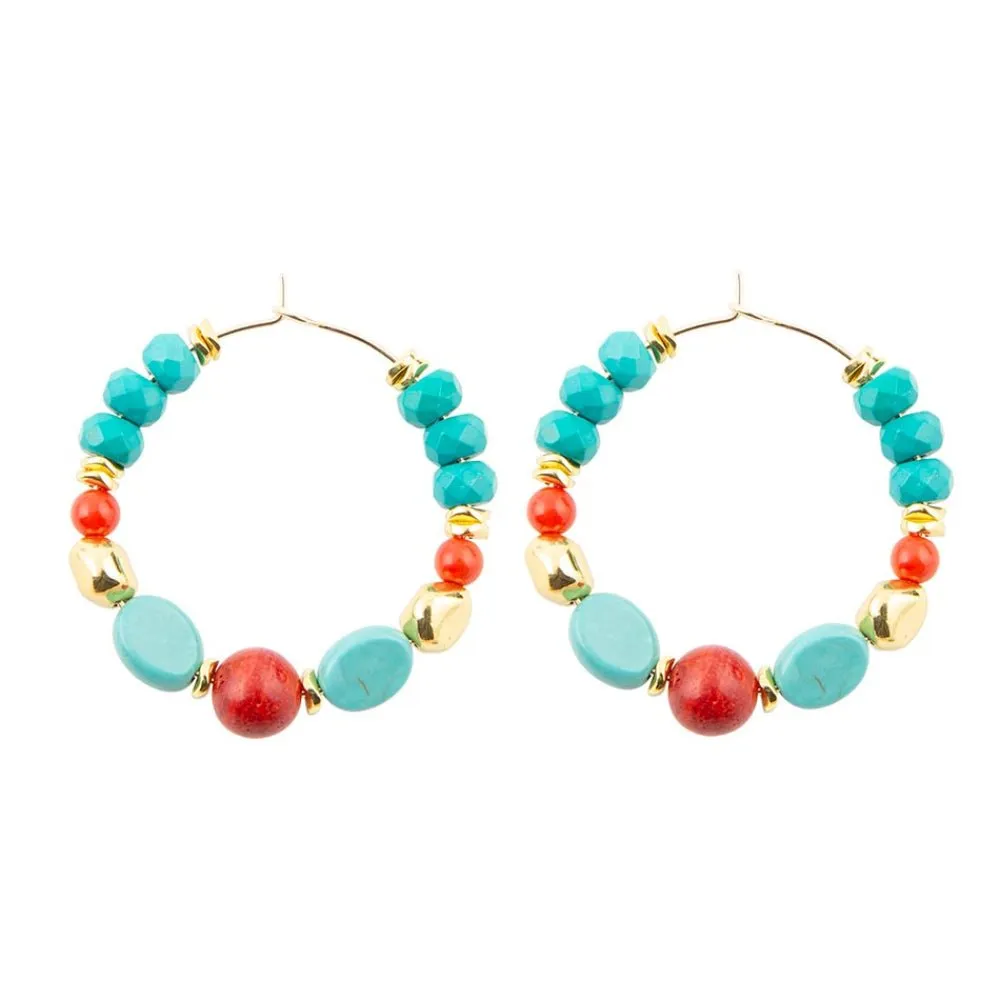 Mesa Blue Magnesite and Orange Coral Golden Hoop Earrings sold by Barse