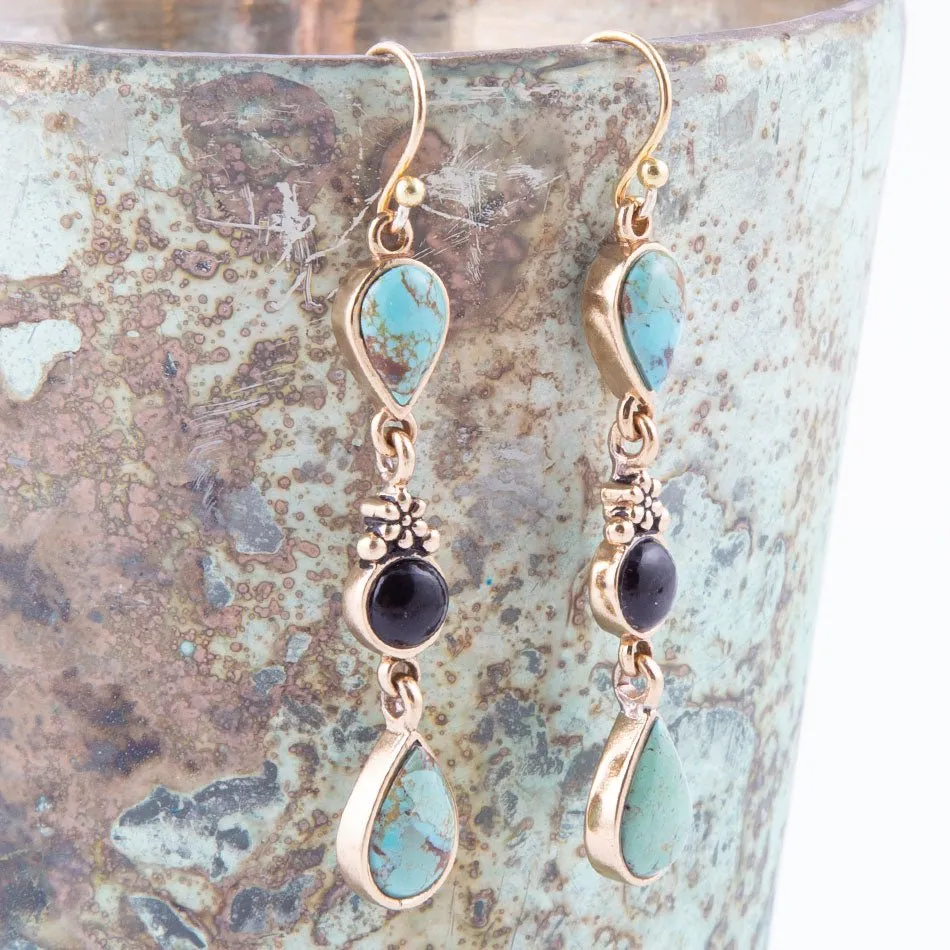 Barcelona Blue Turquoise and Black Onyx Linear Drop Golden Earrings sold by Barse product image thumbnail 2
