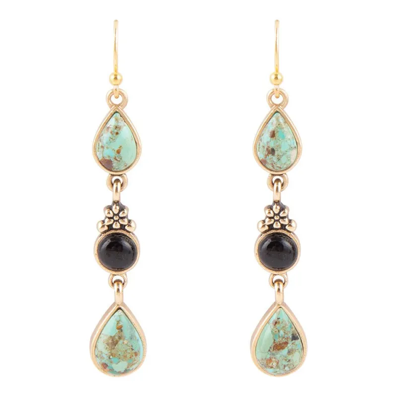Barcelona Blue Turquoise and Black Onyx Linear Drop Golden Earrings sold by Barse