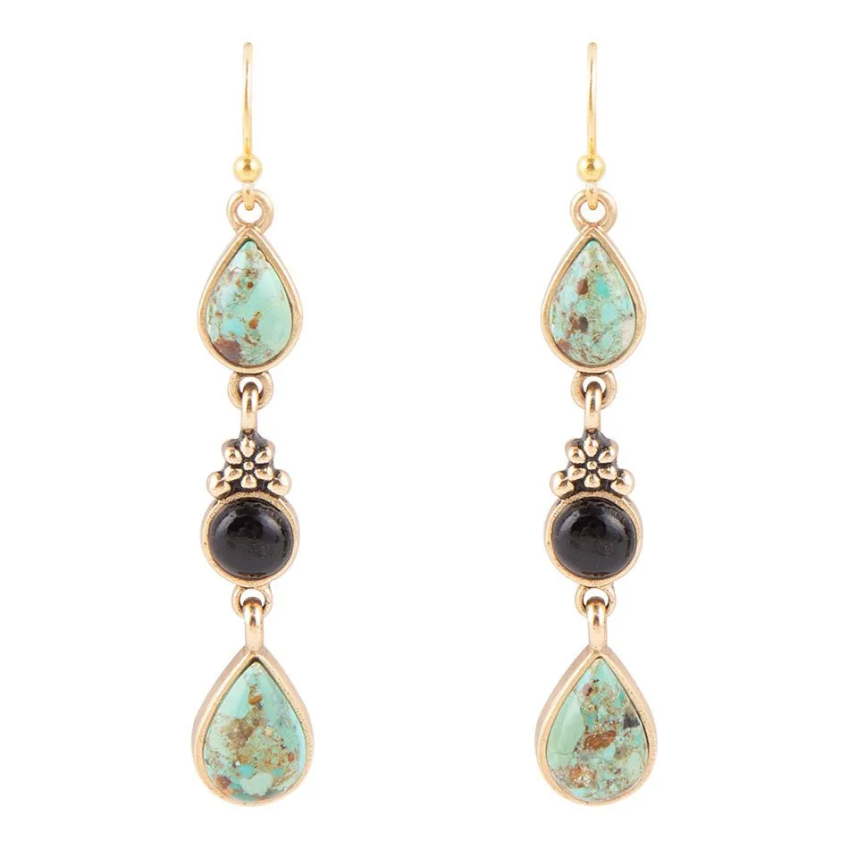 Barcelona Blue Turquoise and Black Onyx Linear Drop Golden Earrings sold by Barse