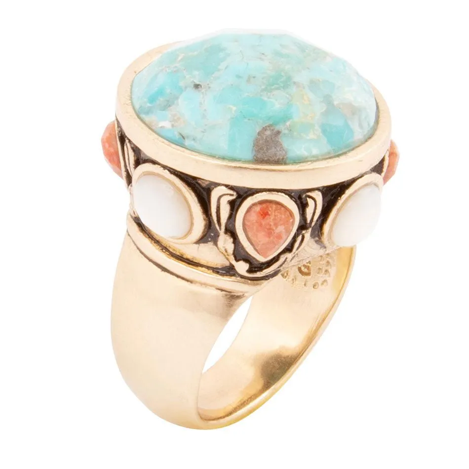 Champs Blue Turquoise and Coral Golden Statement Ring sold by Barse