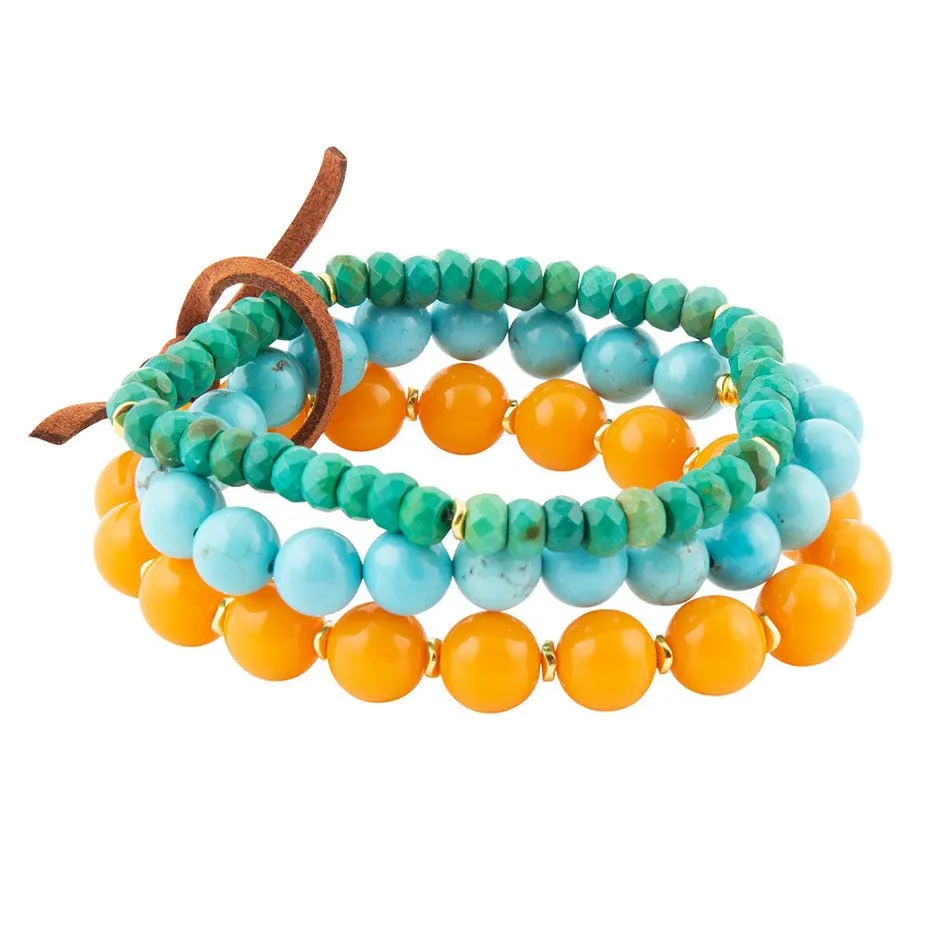 Apricot Blue Teals Triple Golden Bracelet Set sold by Barse
