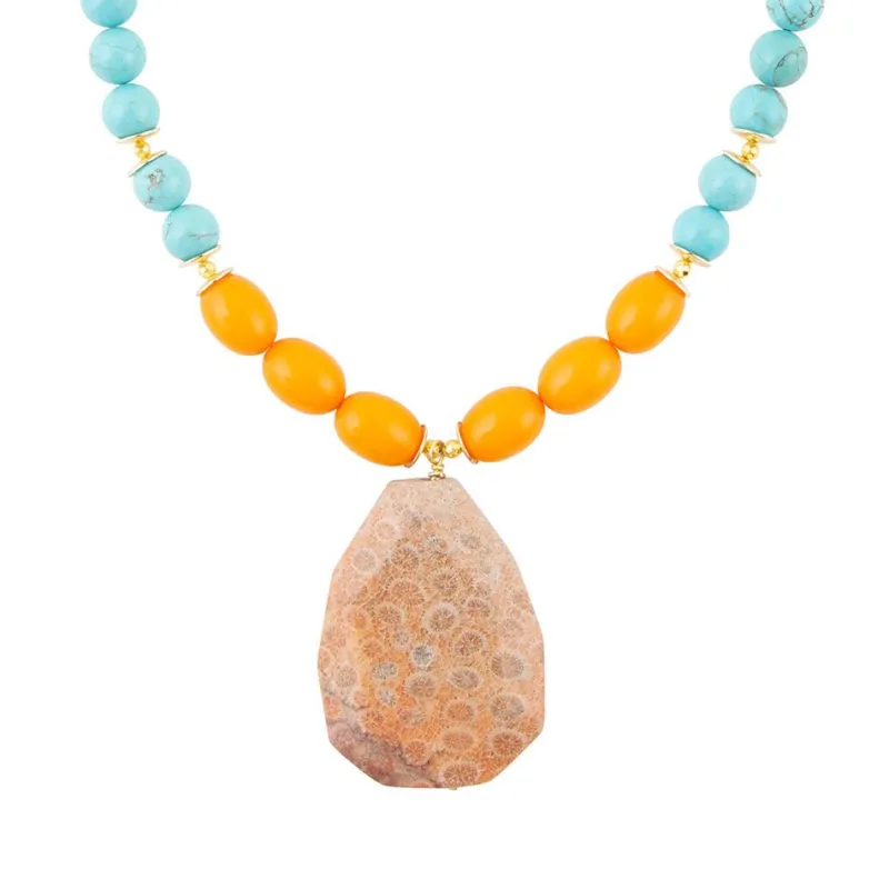 Apricot Fossil Blue Magnesite Golden Pendant Necklace sold by Barse