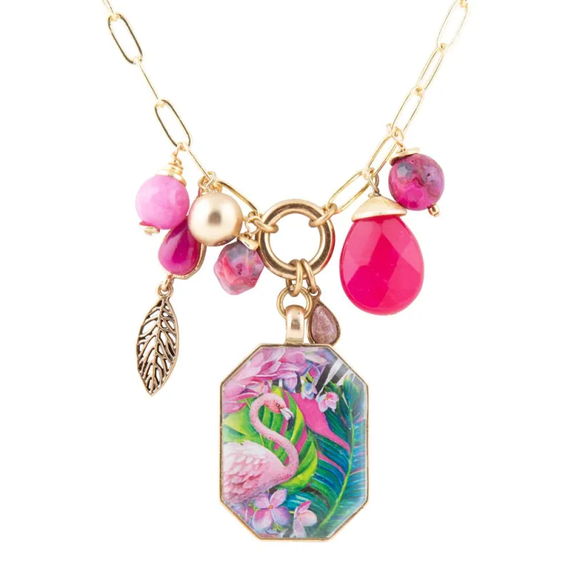 Flamingo Pink Agate Golden Pendant Necklace sold by Barse