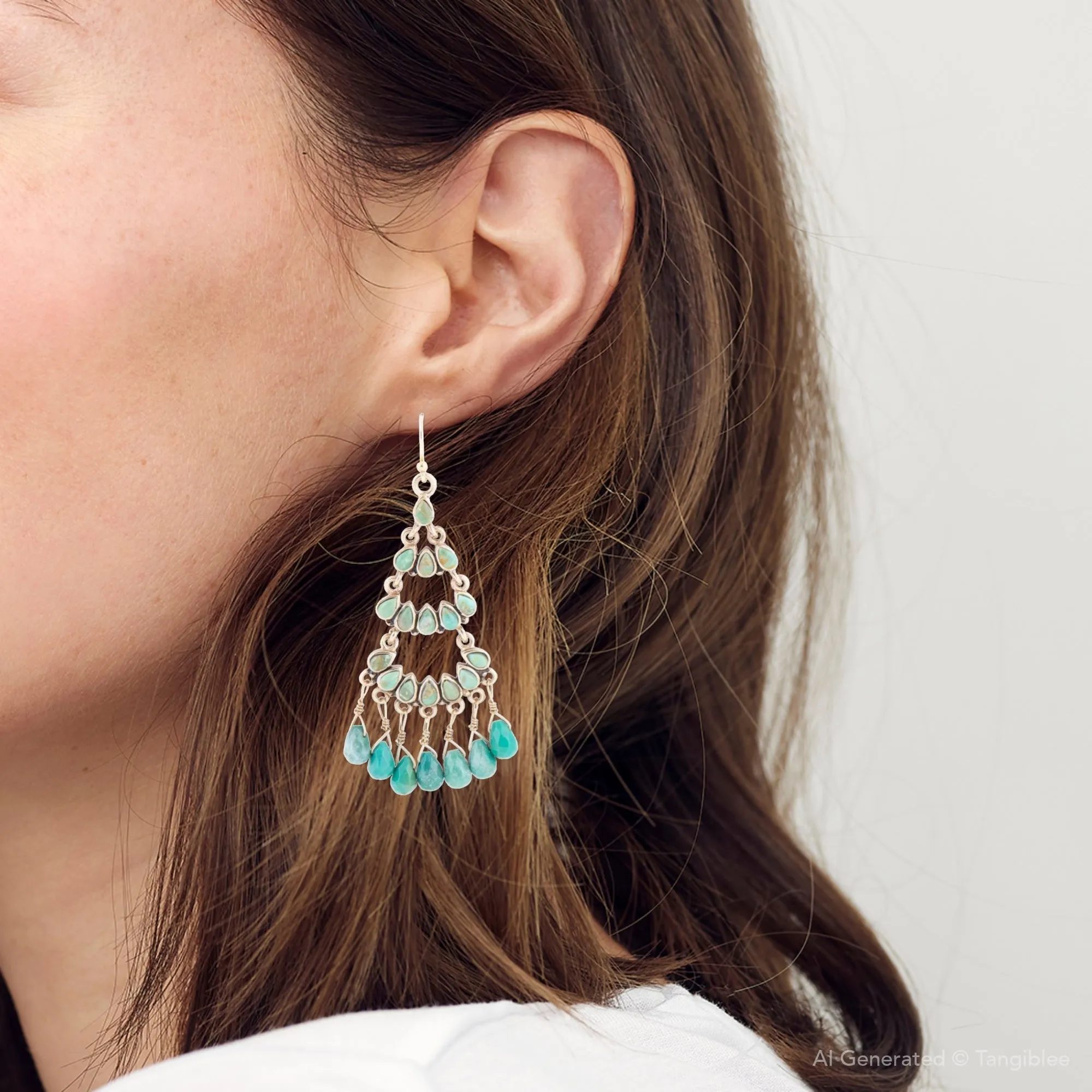 Triple the Blue Turquoise Golden Chandelier Earrings sold by Barse product image thumbnail 4