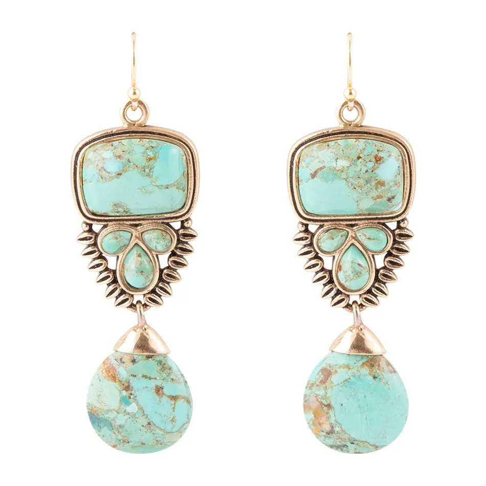 Imara Blue Turquoise and Golden Statement Earrings sold by Barse