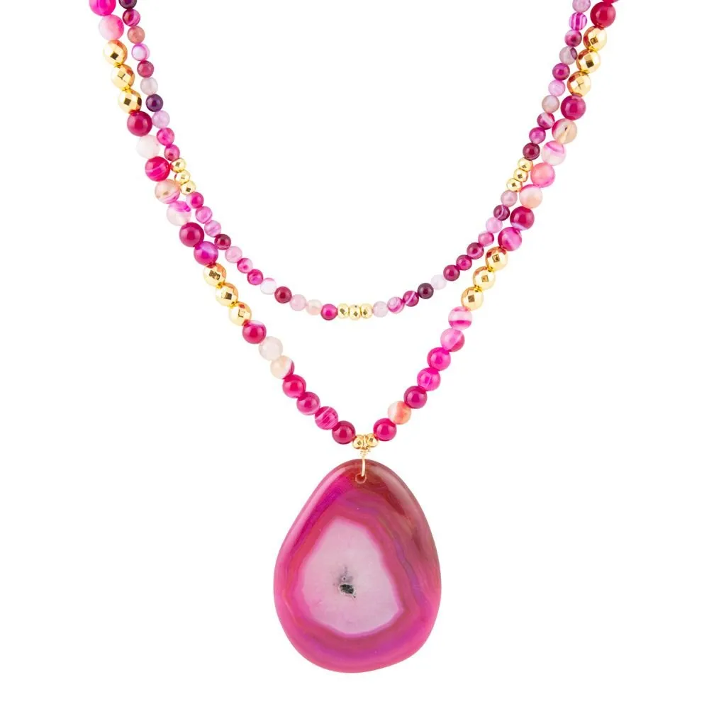 Pink Agate Golden Pendant Necklace sold by Barse
