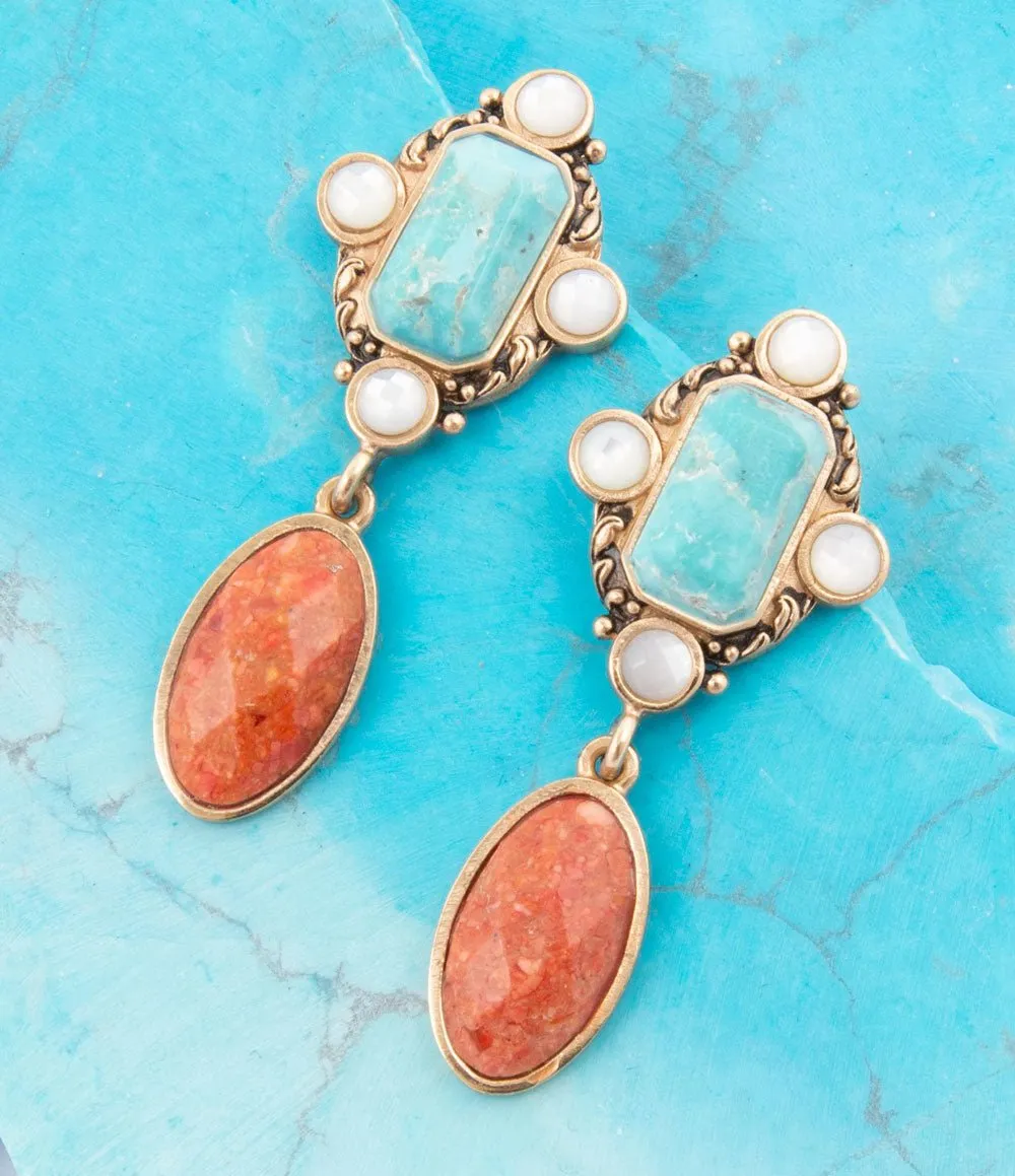 Champs Blue Turquoise and Orange Coral Post Drop Golden Earrings sold by Barse product image thumbnail 3