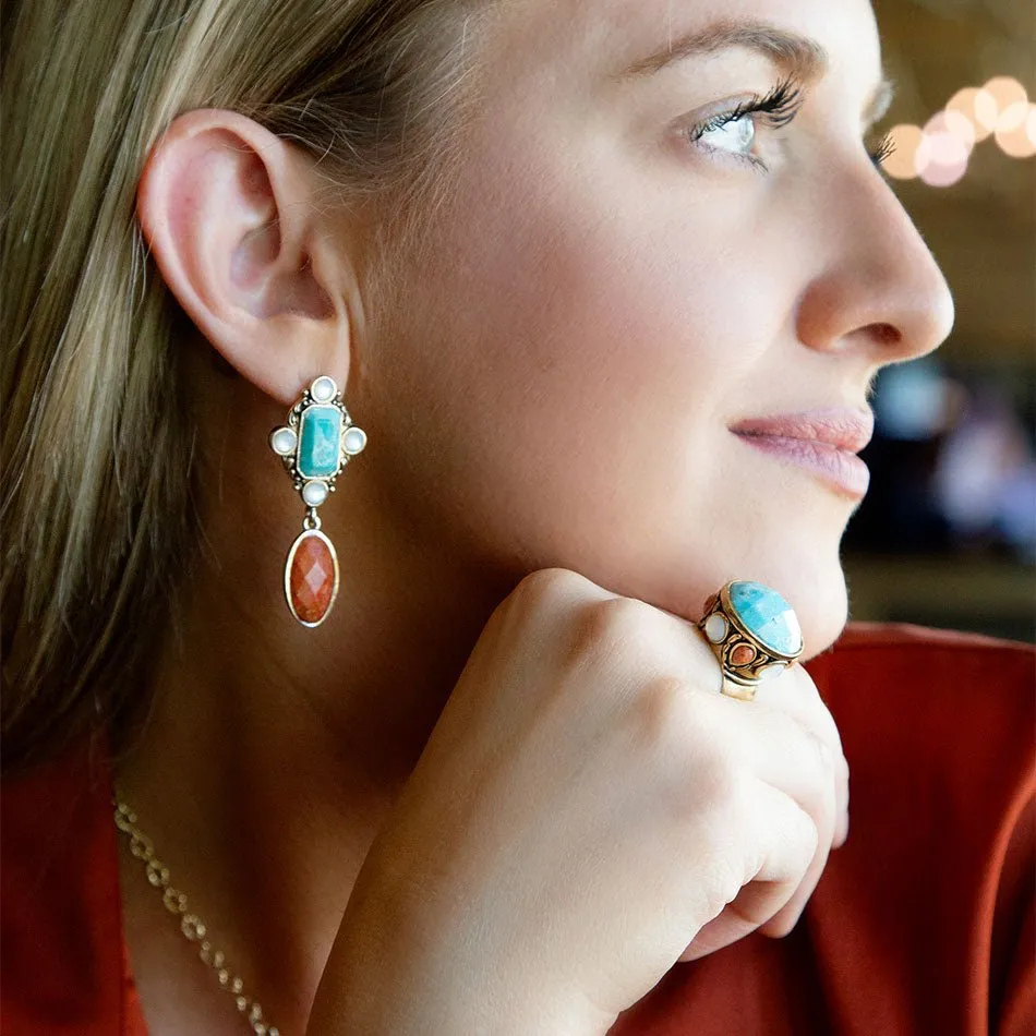 Champs Blue Turquoise and Orange Coral Post Drop Golden Earrings sold by Barse product image thumbnail 2