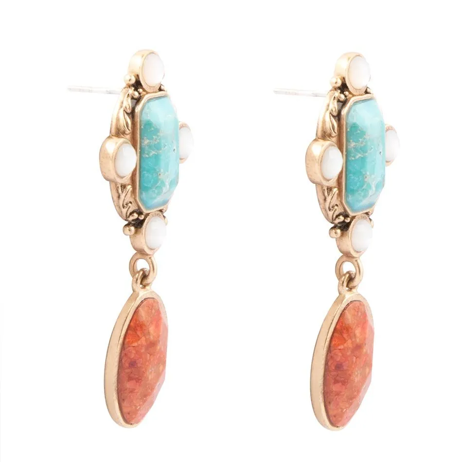 Champs Blue Turquoise and Orange Coral Post Drop Golden Earrings sold by Barse product image thumbnail 4