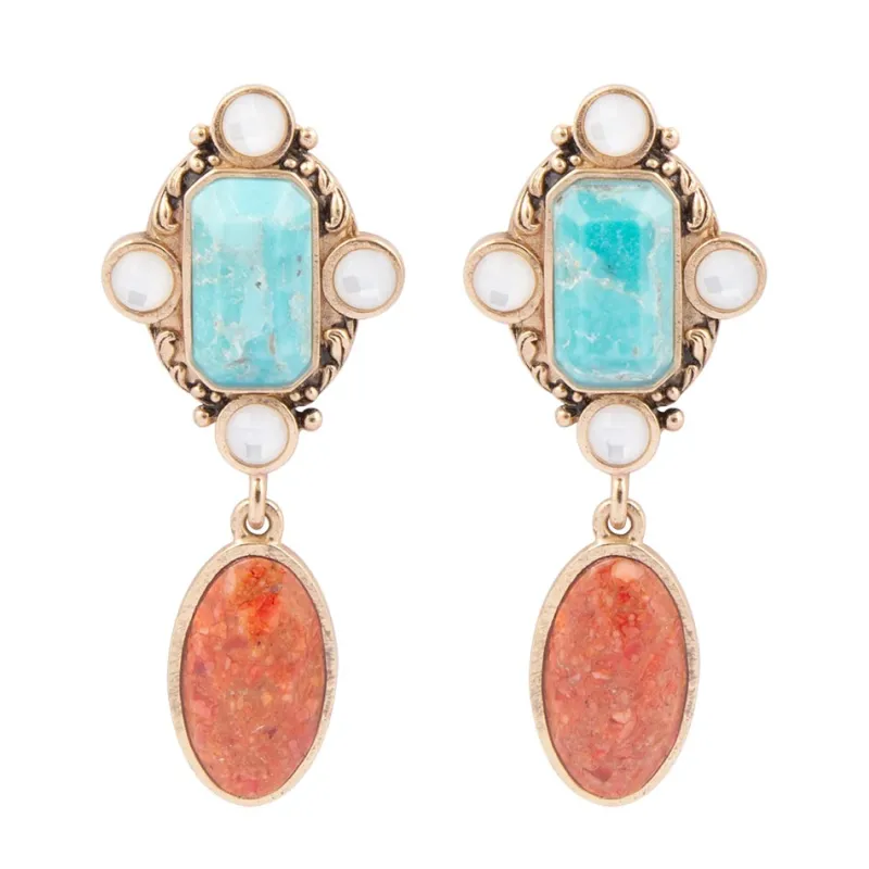 Champs Blue Turquoise and Orange Coral Post Drop Golden Earrings sold by Barse