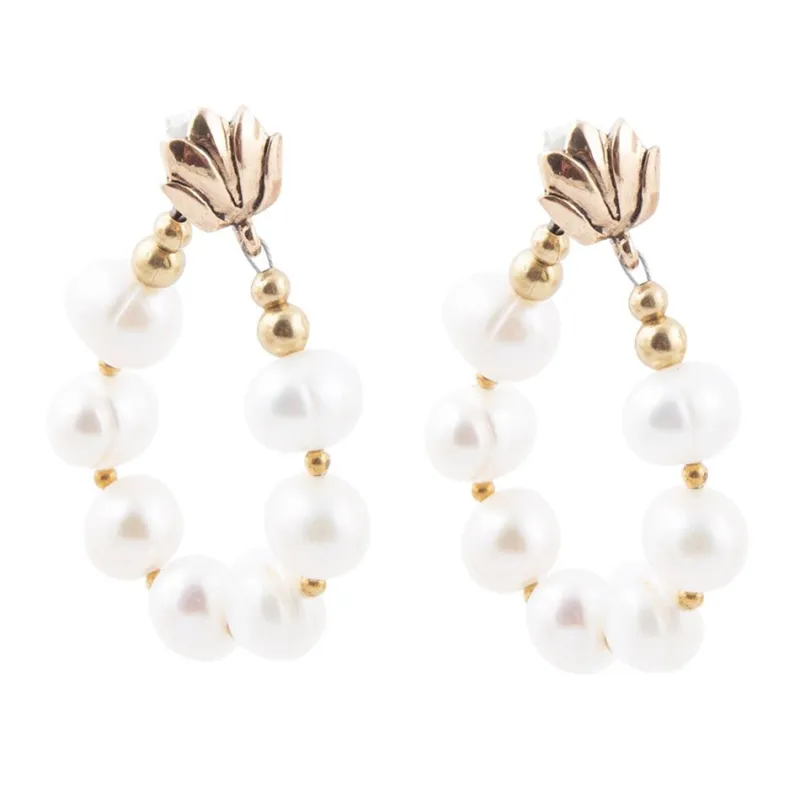Carly White Pearl Complete Loop Golden Post Earrings sold by Barse