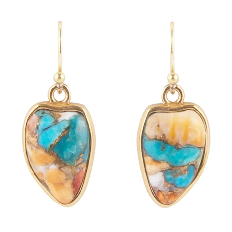 Blue Turquoise and Orange Spiny Oyster Matrix Golden Drop Earrings sold by Barse