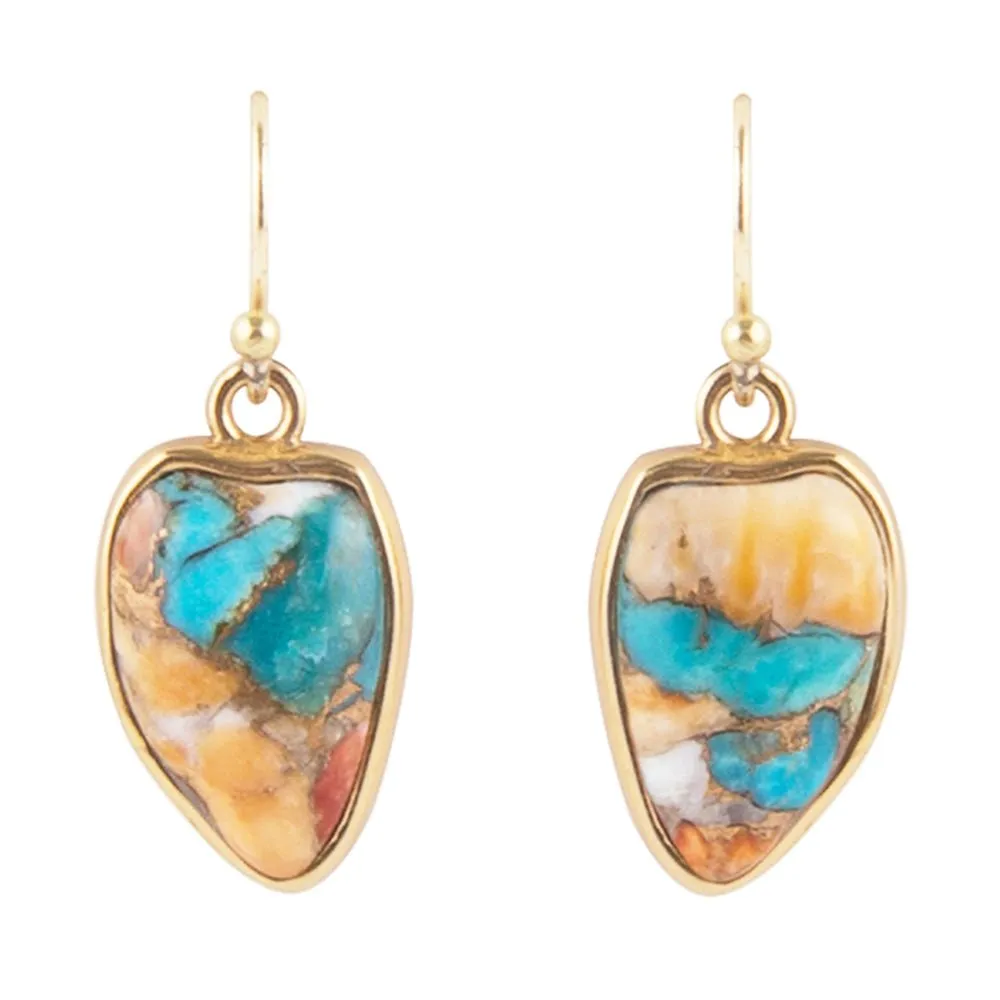 Blue Turquoise and Orange Spiny Oyster Matrix Golden Drop Earrings sold by Barse