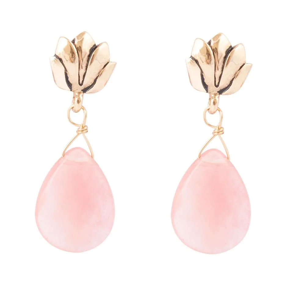 Pink Quartz Golden Lotus Drop Earrings sold by Barse