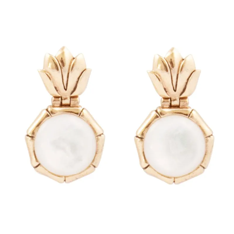 White Mother of Pearl Lotus Post Golden Drop Earrings sold by Barse