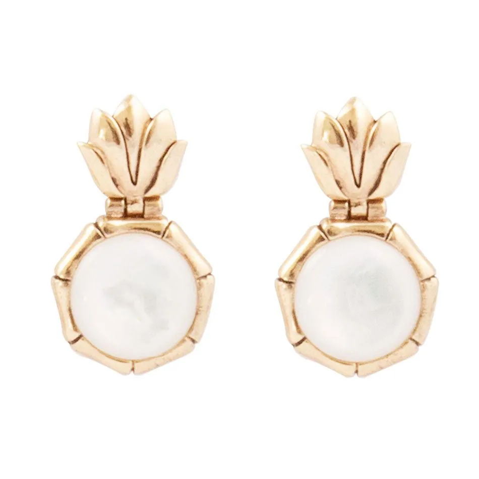 White Mother of Pearl Lotus Post Golden Drop Earrings sold by Barse