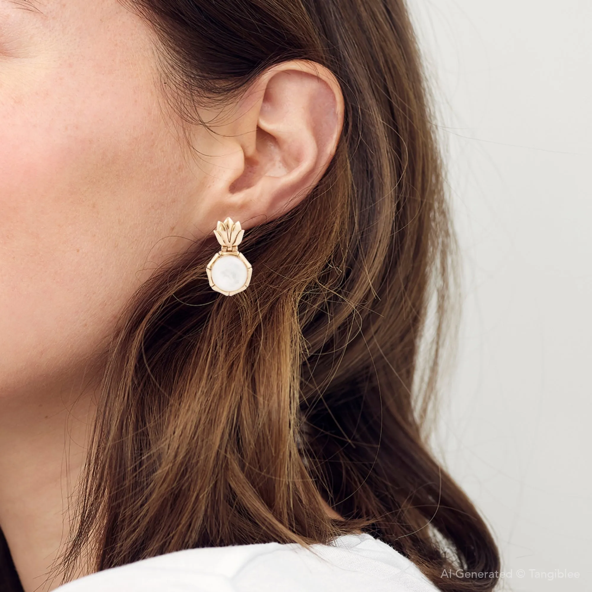 White Mother of Pearl Lotus Post Golden Drop Earrings sold by Barse product image thumbnail 4