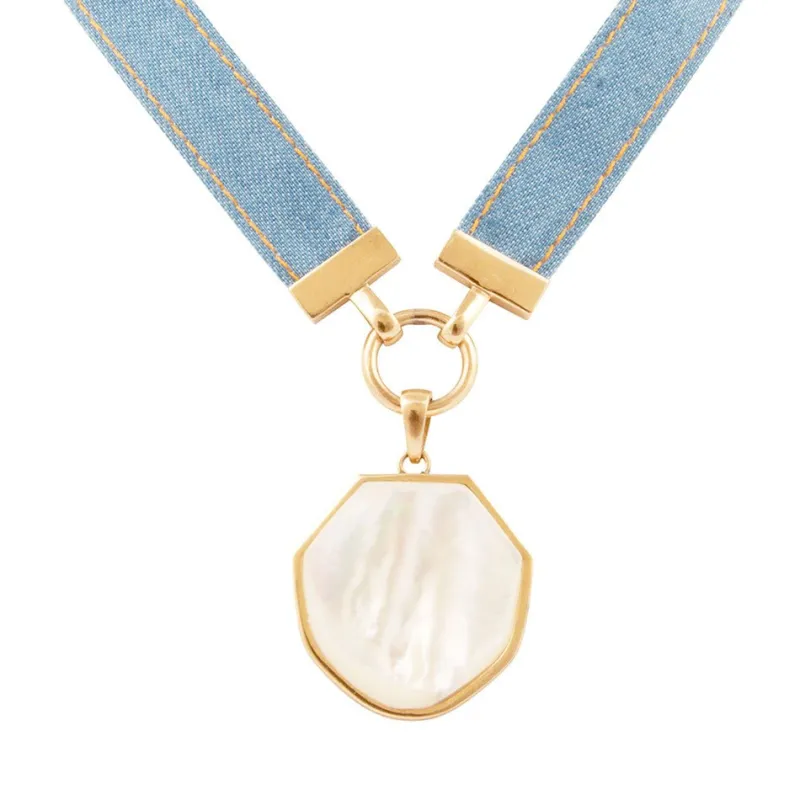 Blue Denim Dreams White Mother of Pearl Ribbon Golden Pendant Necklace sold by Barse