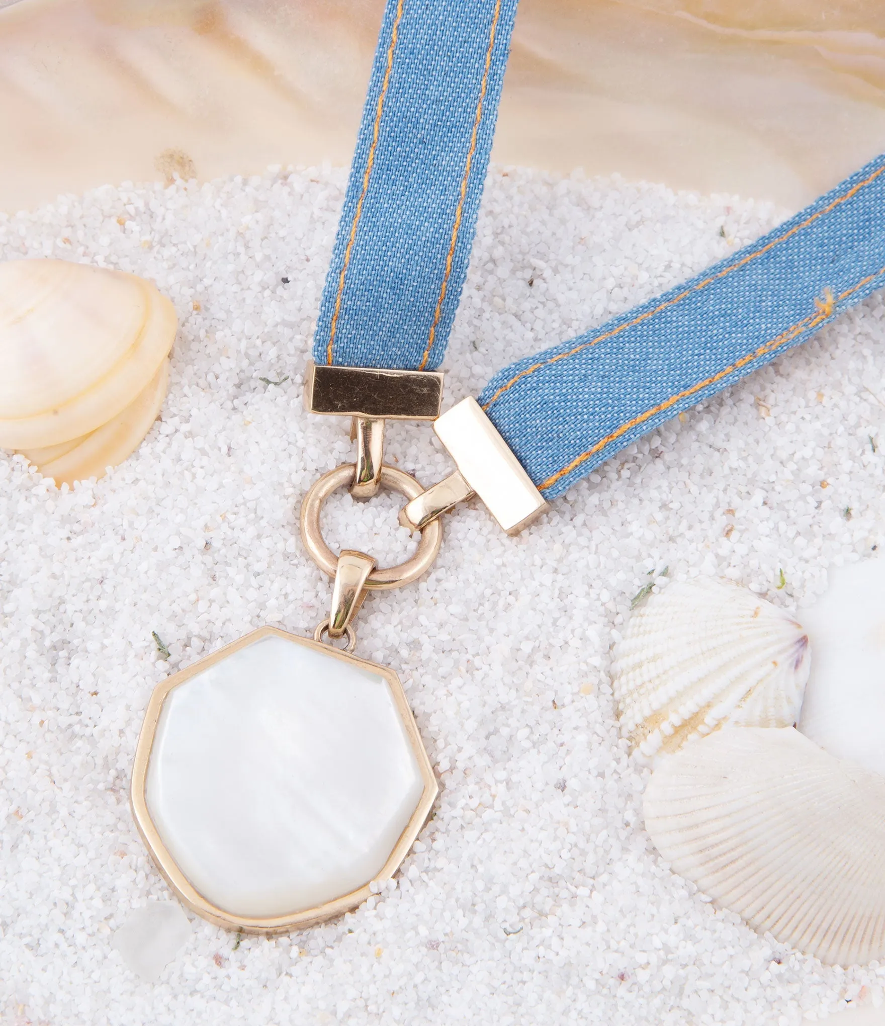 Blue Denim Dreams White Mother of Pearl Ribbon Golden Pendant Necklace sold by Barse product image thumbnail 3