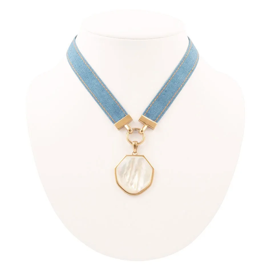 Blue Denim Dreams White Mother of Pearl Ribbon Golden Pendant Necklace sold by Barse product image thumbnail 4