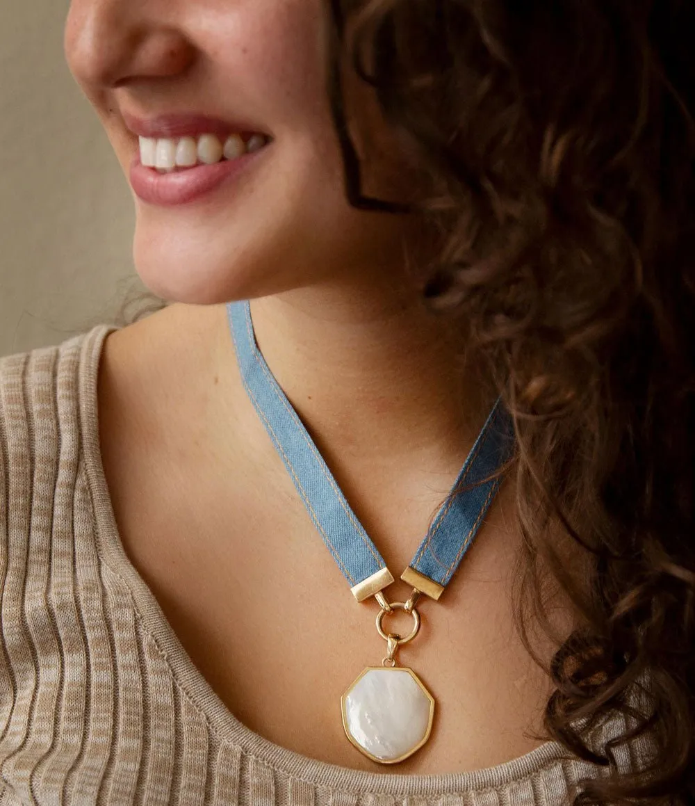 Blue Denim Dreams White Mother of Pearl Ribbon Golden Pendant Necklace sold by Barse product image thumbnail 2