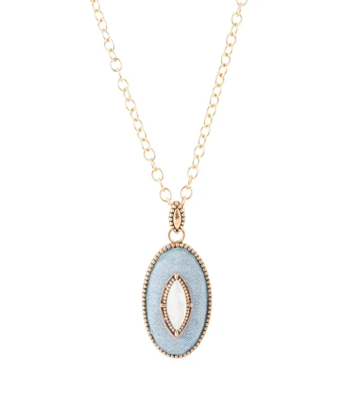 Blue Denim Dreams White Mother of Pearl Golden Pendant Necklace sold by Barse