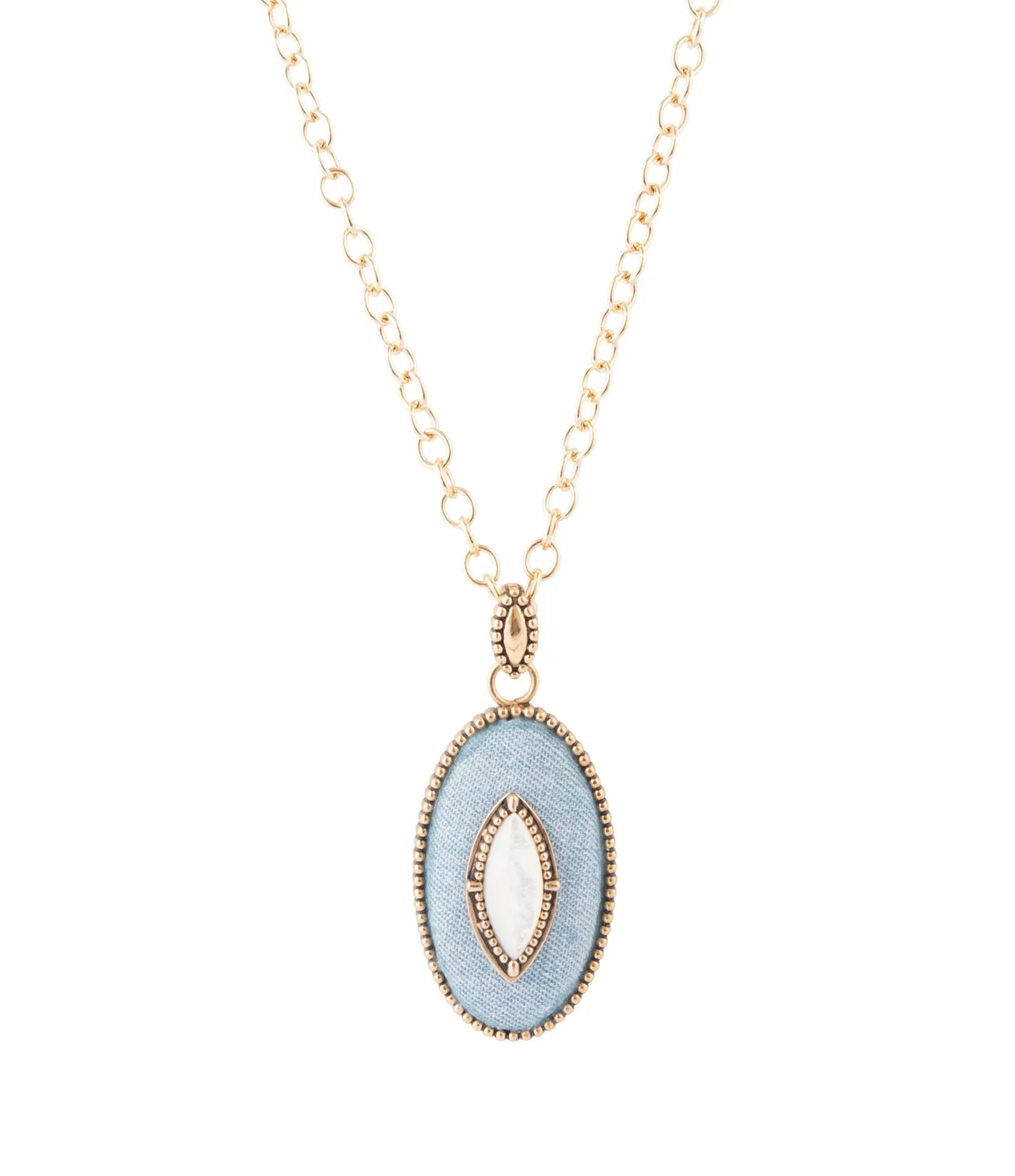 Blue Denim Dreams White Mother of Pearl Golden Pendant Necklace sold by Barse