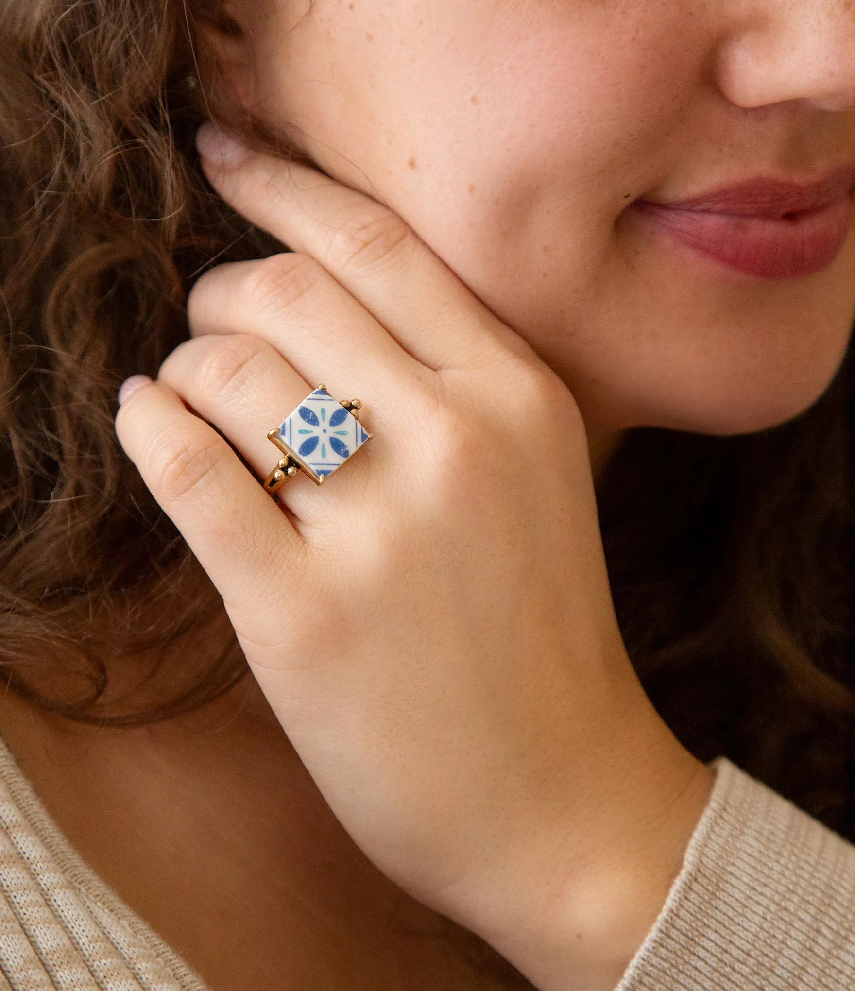 Santorini Blue and White Tile Golden Statement Ring sold by Barse product image thumbnail 2