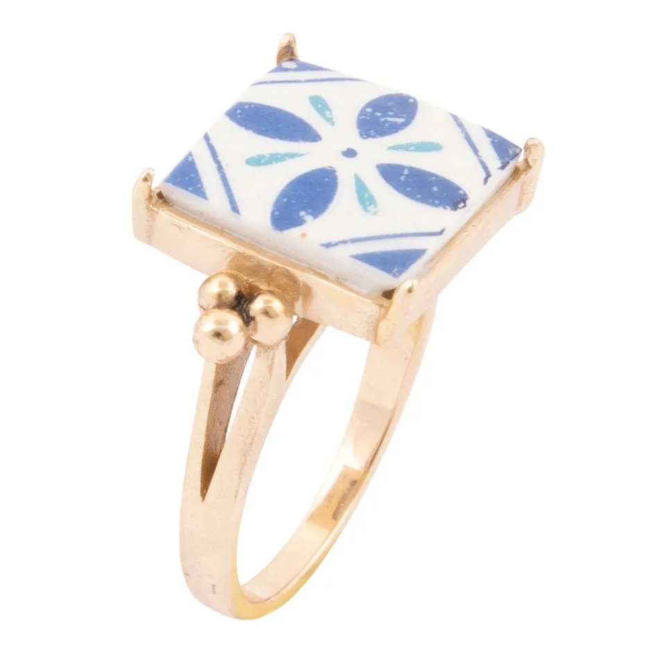 Santorini Blue and White Tile Golden Statement Ring sold by Barse