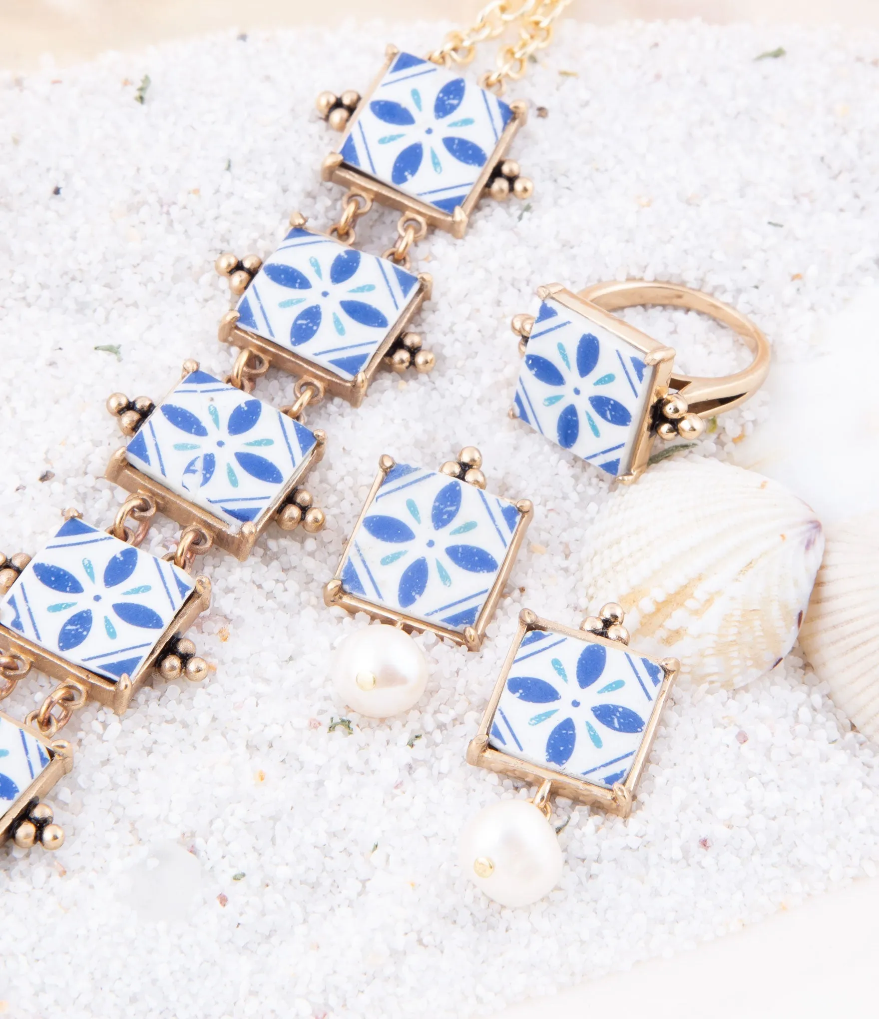 Santorini Blue and White Tile Golden Statement Ring sold by Barse product image thumbnail 3