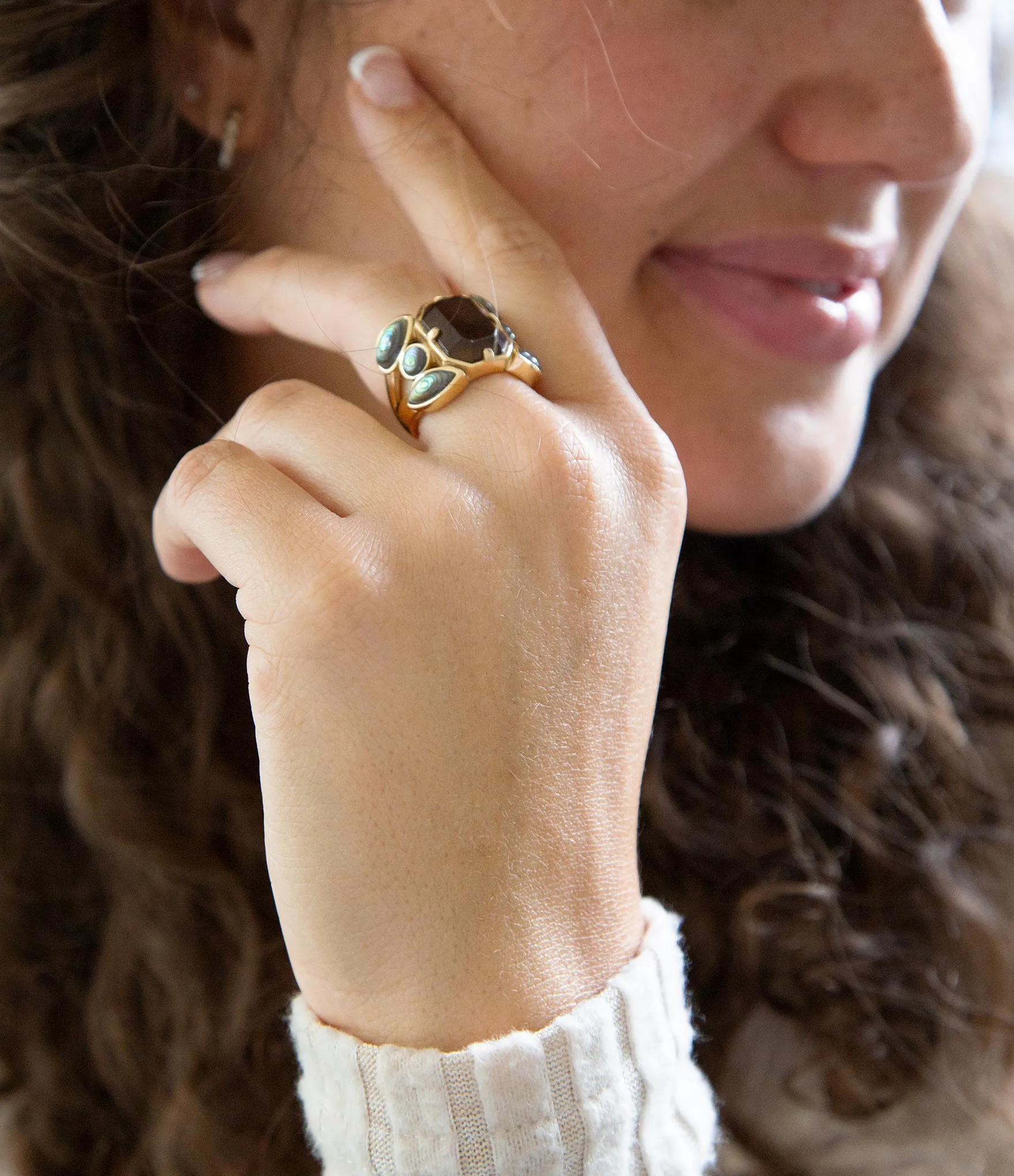 Tribecca Smoky Brown Quartz and Abalone Statement Golden Ring sold by Barse product image thumbnail 2