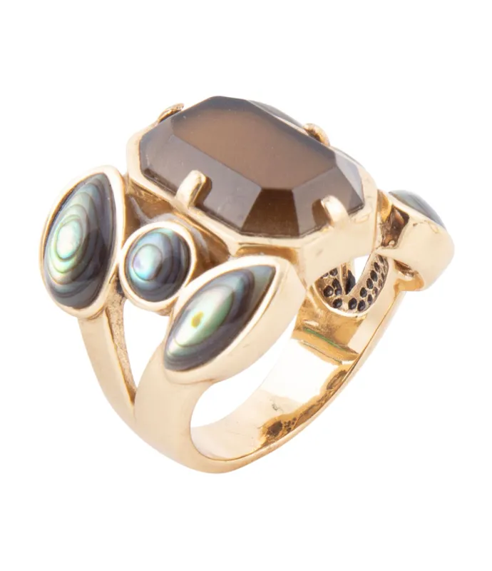 Tribecca Smoky Brown Quartz and Abalone Statement Golden Ring sold by Barse