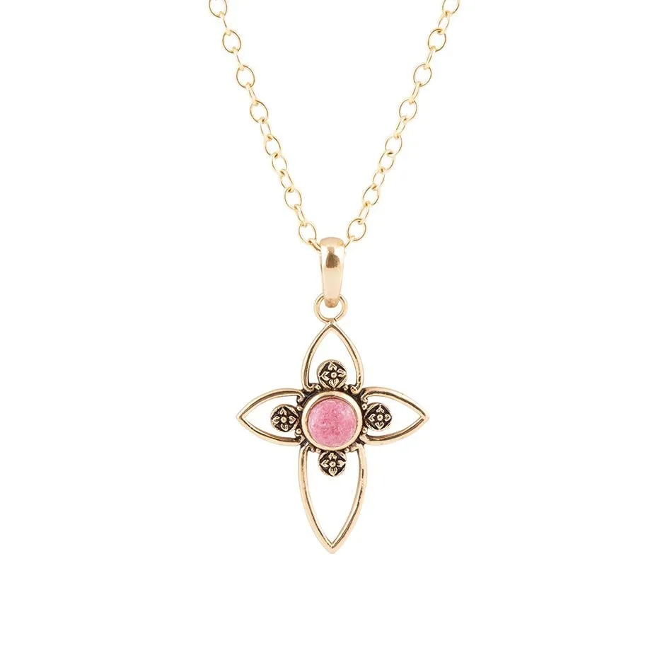 Pink Rhodonite Golden Cross Pendant Necklace sold by Barse
