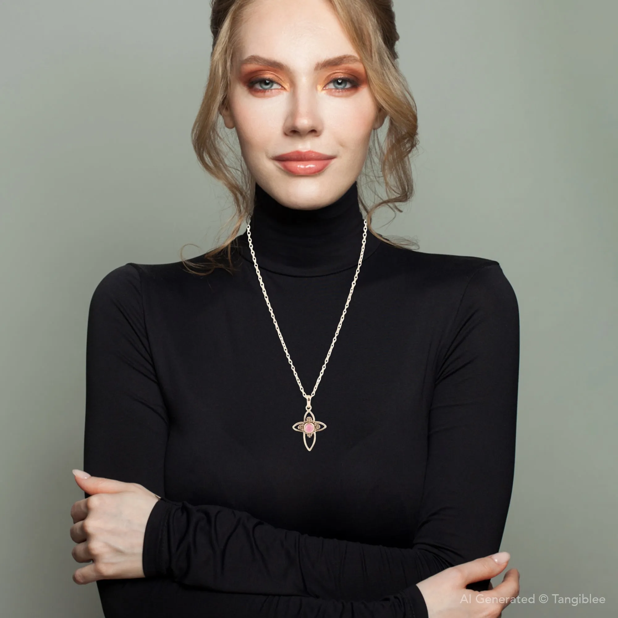 Pink Rhodonite Golden Cross Pendant Necklace sold by Barse product image thumbnail 5