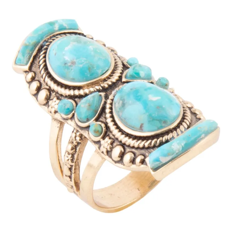 Double Blue Turquoise Golden Shield Ring sold by Barse