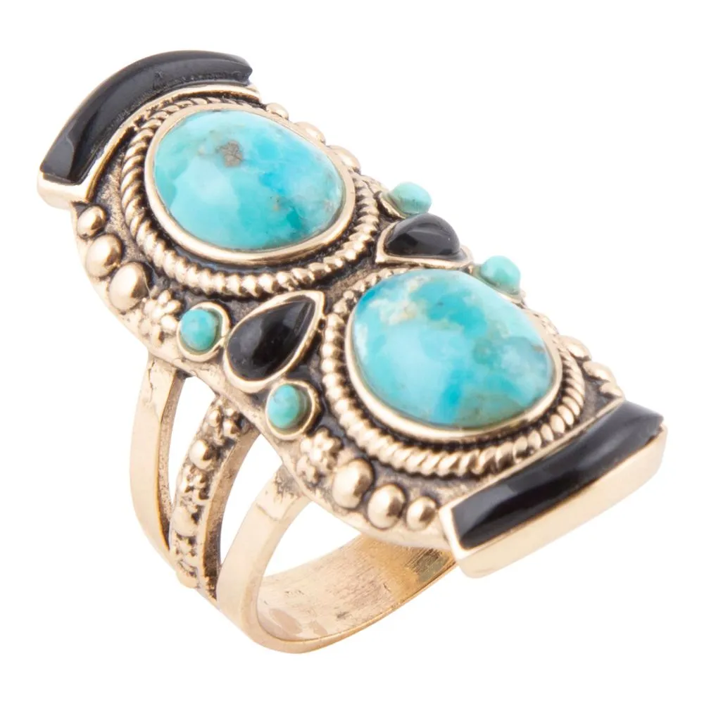 Double Up Blue Turquoise and Black Onyx Golden Ring sold by Barse