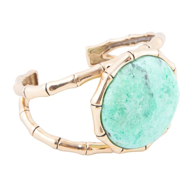 Vibrant Green Chrysoprase Golden Bamboo Statement Cuff Bracelet sold by Barse