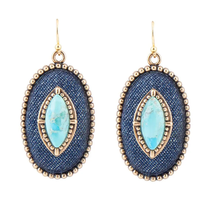 Stacked Blue Turquoise and Denim Golden Drop Earrings sold by Barse