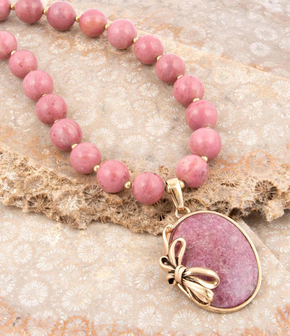 Gifted Pink Rhodonite Gold Bow Beaded Pendant Necklace sold by Barse product image thumbnail 2