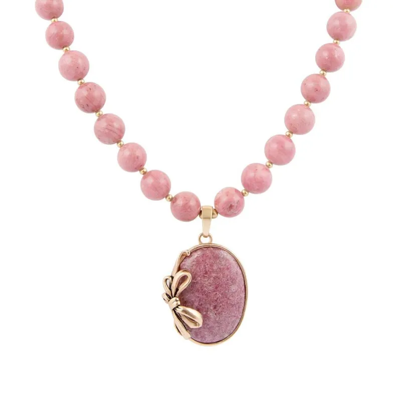 Gifted Pink Rhodonite Gold Bow Beaded Pendant Necklace sold by Barse