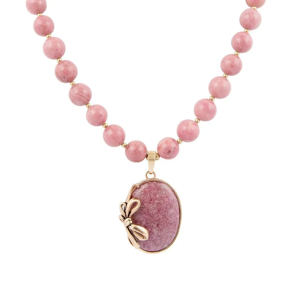 Gifted Pink Rhodonite Gold Bow Beaded Pendant Necklace sold by Barse