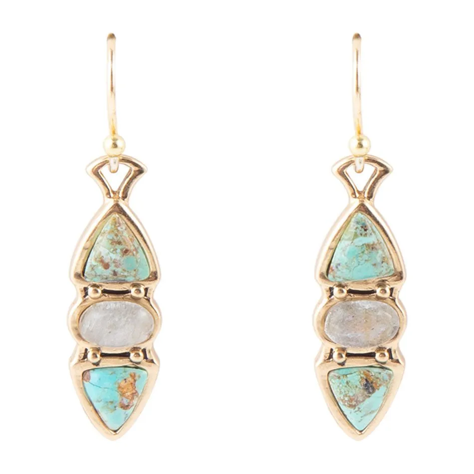 Blue Turquoise and Grey Labradorite Golden Drop Earrings sold by Barse